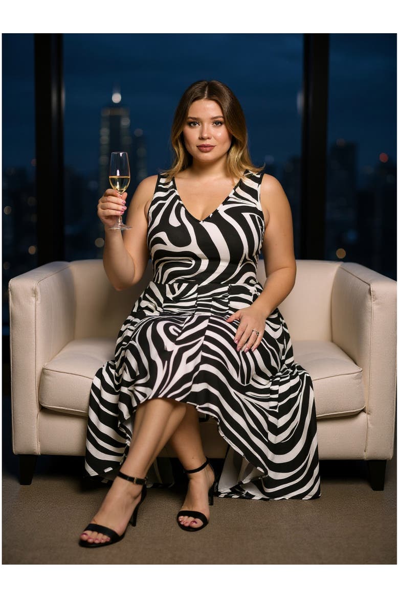 Plus Size Zebra Sleeveless Fit N Flare High Low Pocket Midi Dress, Alternate, color, Black Multi