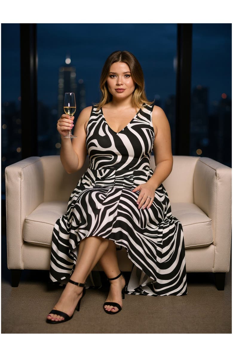 24seven Comfort Apparel Plus Size Zebra Sleeveless Fit N Flare High Low Pocket Midi Dress, Alternate, color, Black Multi