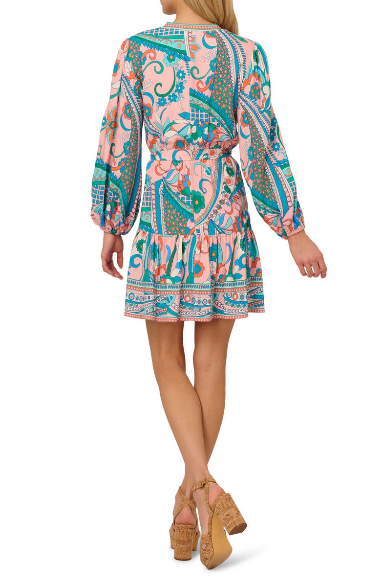 Adrianna Papell Print Tie Waist Long Sleeve Dress, Alternate, color, Peach Multi