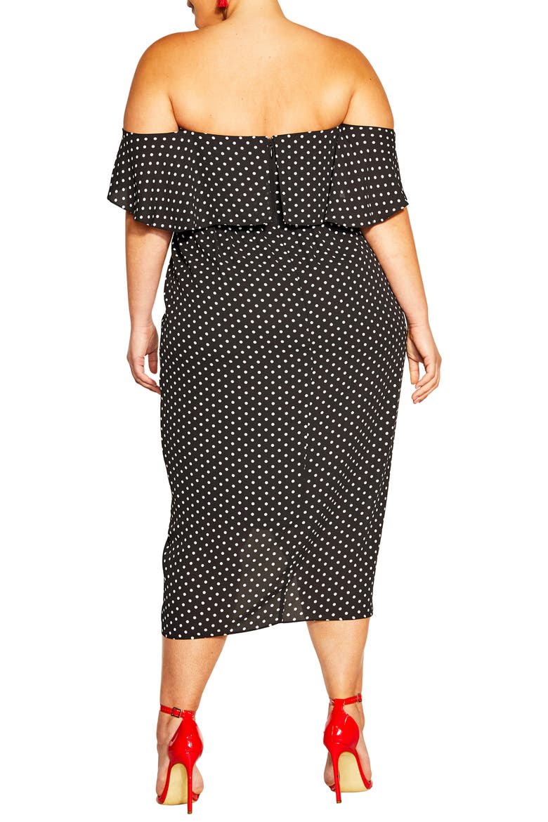 Gina Spot Off the Shoulder Midi Dress, Alternate, color, BLK POLKA DOT