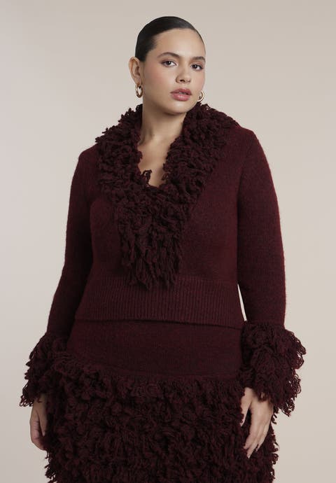 Fringe Knit Trim V Neck Sweater