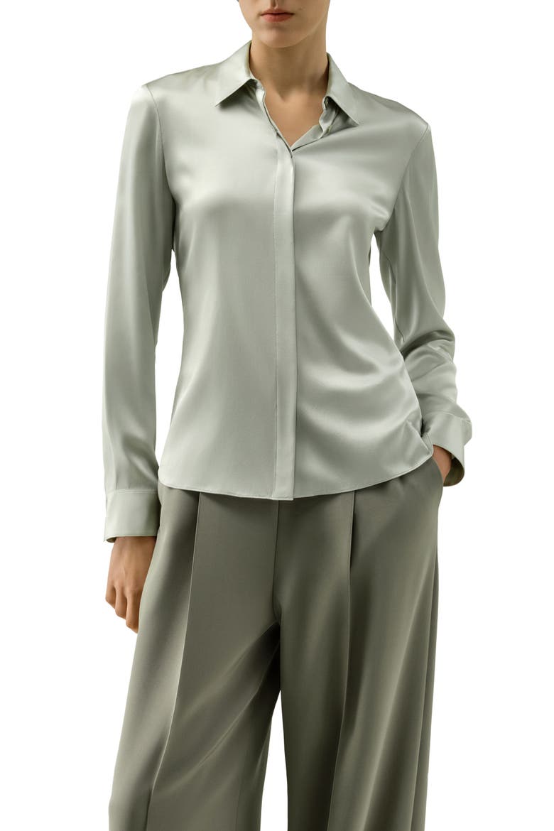 Women's Elegant Silk Slim Fit Shirt, Main, color, Silver Sage