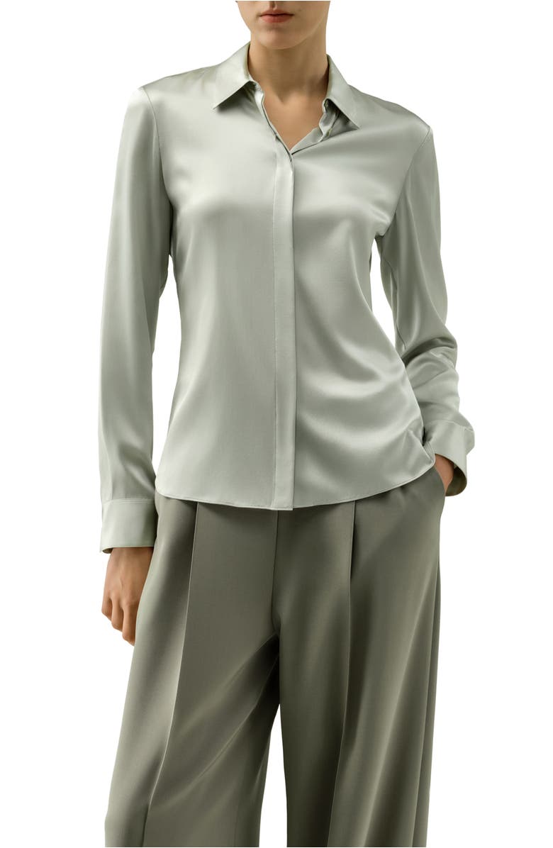 Lilysilk Elegant Silk Slim Fit Shirt, Main, color, Silver Sage