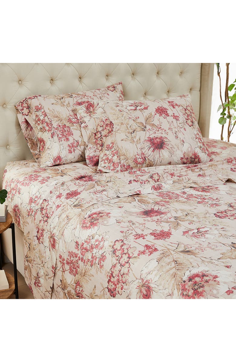 SOUTHSHORE FINE LINENS Skye Collection Extra Deep Cotton Sheet Set, Alternate, color, Natural/ Red