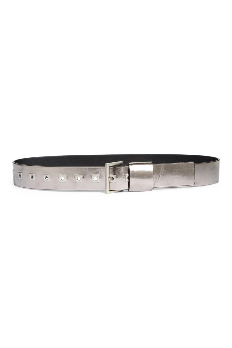 Square Eyelet Metallic Leather Belt, Main, color, GUNMETAL