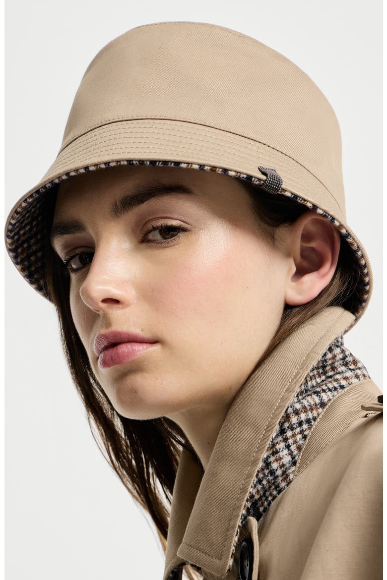 Cotton, linen and virgin wool reversible bucket hat with monili, Alternate, color, Beige