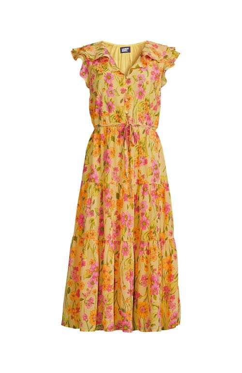 LANDS' END LANDS' END PLUS SIZE RUFFLE SLEEVE CHIFFON TIERED MIDI DRESS