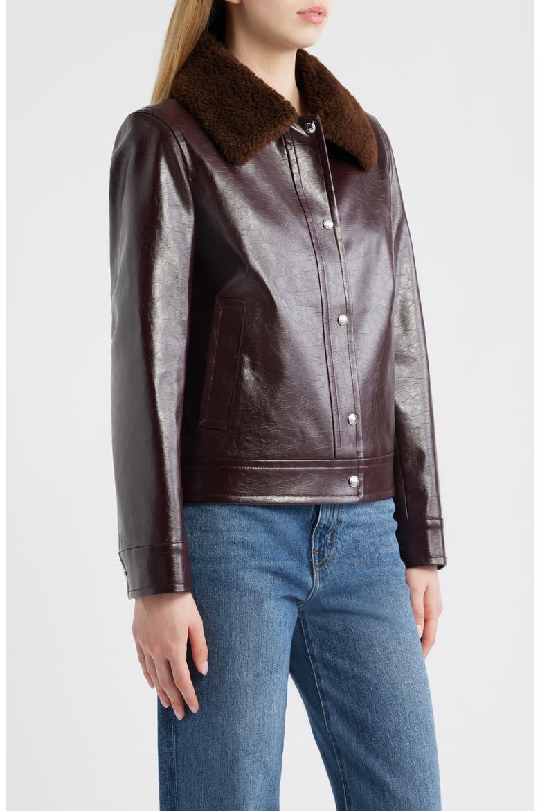 Slim Fit Faux Leather Jacket With Faux Fur Collar, Alternate, color, BURGUNDY