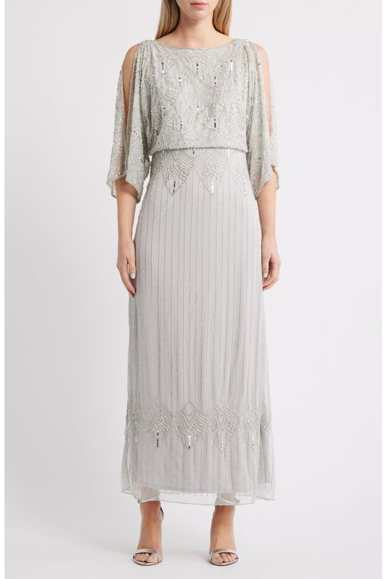 Beaded Cold Shoulder Blouson Cocktail Dress, Main, color, SILVER