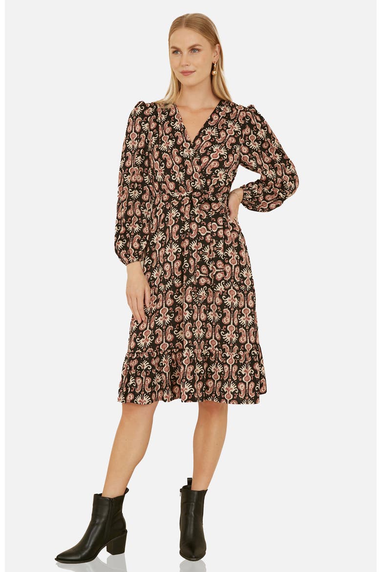 Ikat Long Sleeve Skater Midi Dress, Alternate, color, Black