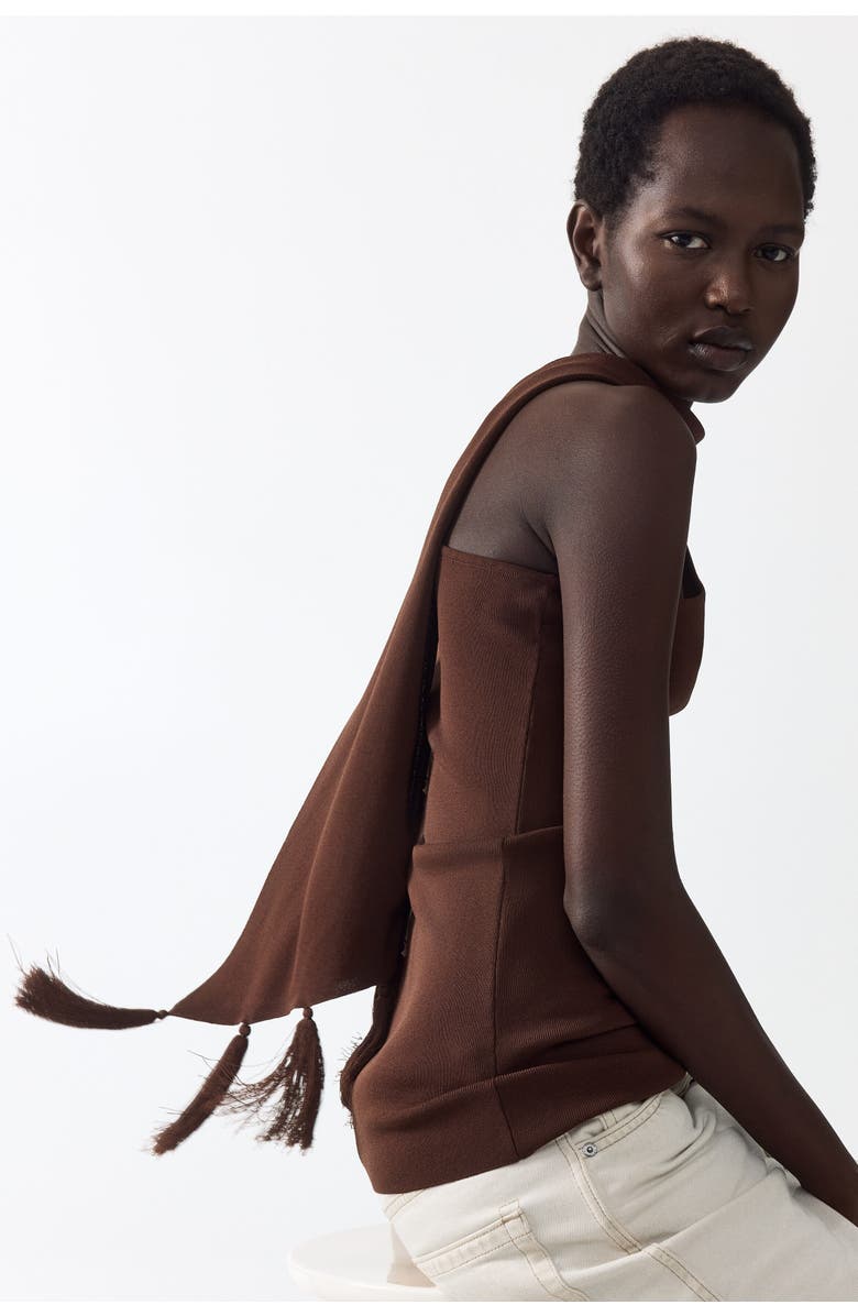 H&M One-shoulder Scarf-detail Knitted Top, Alternate, color, Dark Brown