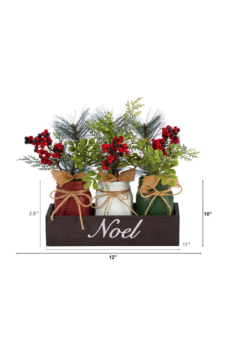 NEARLY NATURAL 12-in Holiday Winter Pine and Berries Three Piece Mason Jar Noel Table Christmas Artificial Arrangement Décor, Alternate, color, Green/Red