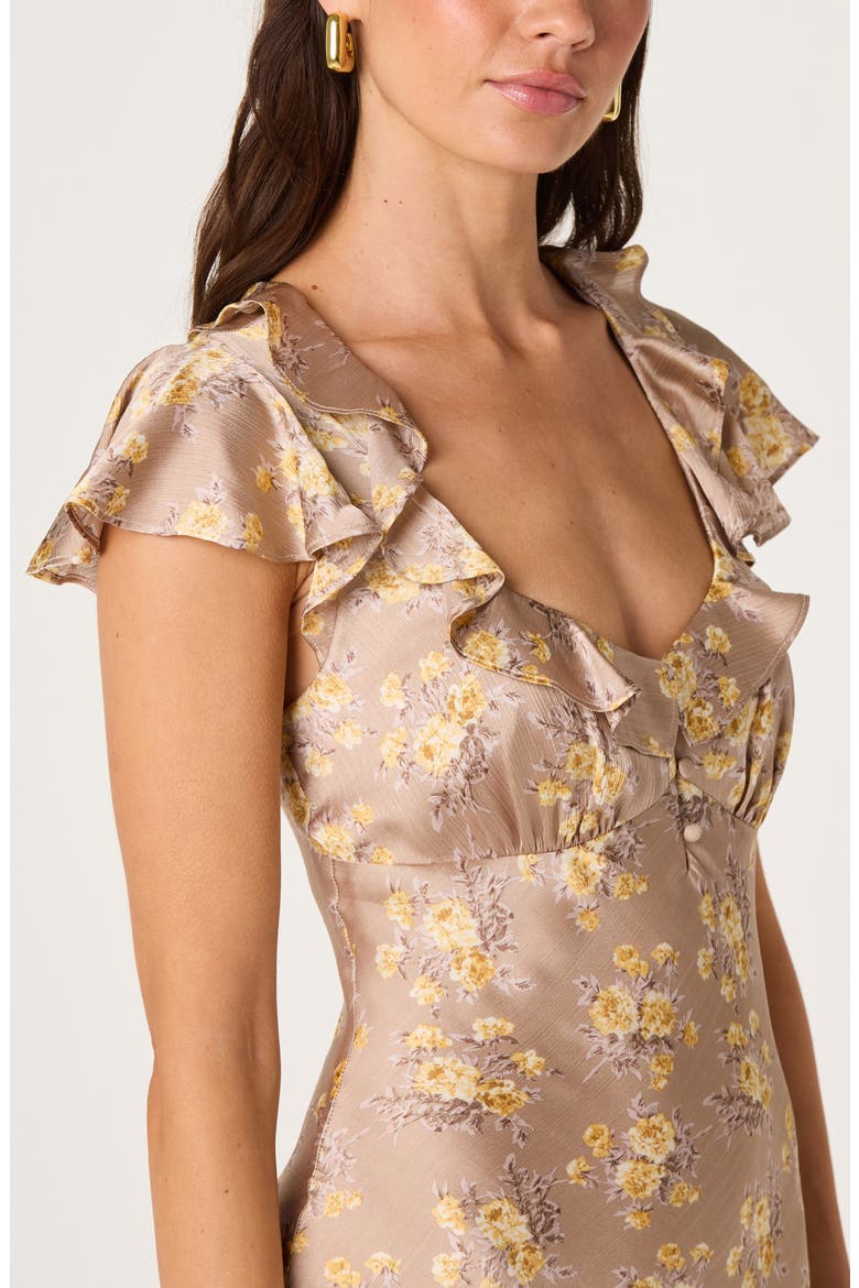 Nico Floral Ruffle Cap Sleeve Midi Dress, Alternate, color, TAUPE YELLOW FLORAL