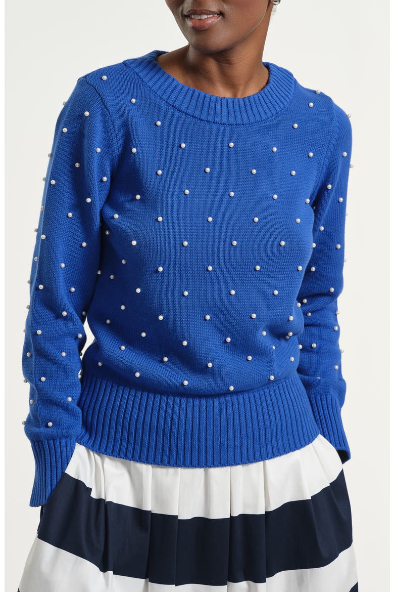 Faux Pearl Accent Cotton Crewneck Sweater, Main, color, ROYAL