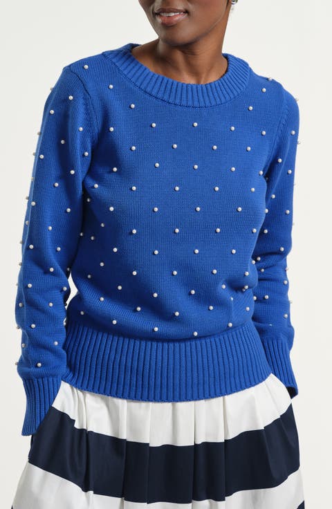 Faux Pearl Accent Cotton Crewneck Sweater