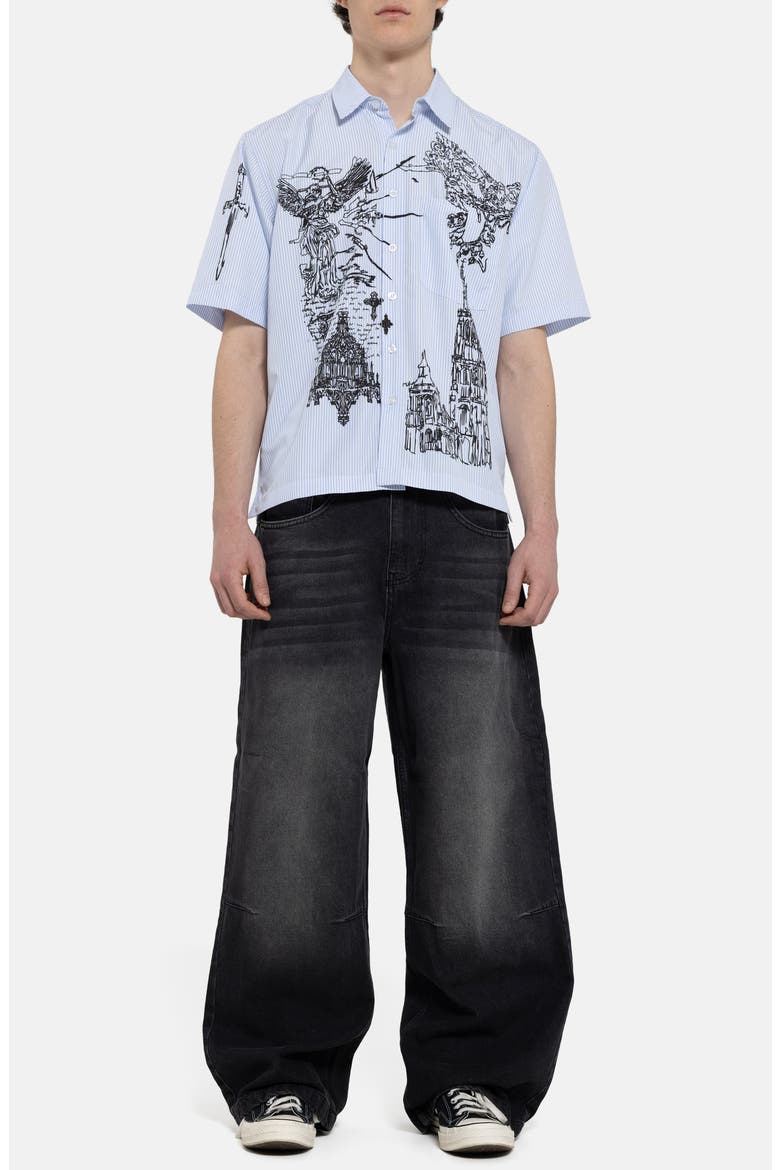 Pinstripe Sketch Graphic Button-Up Shirt, Alternate, color, BLUE