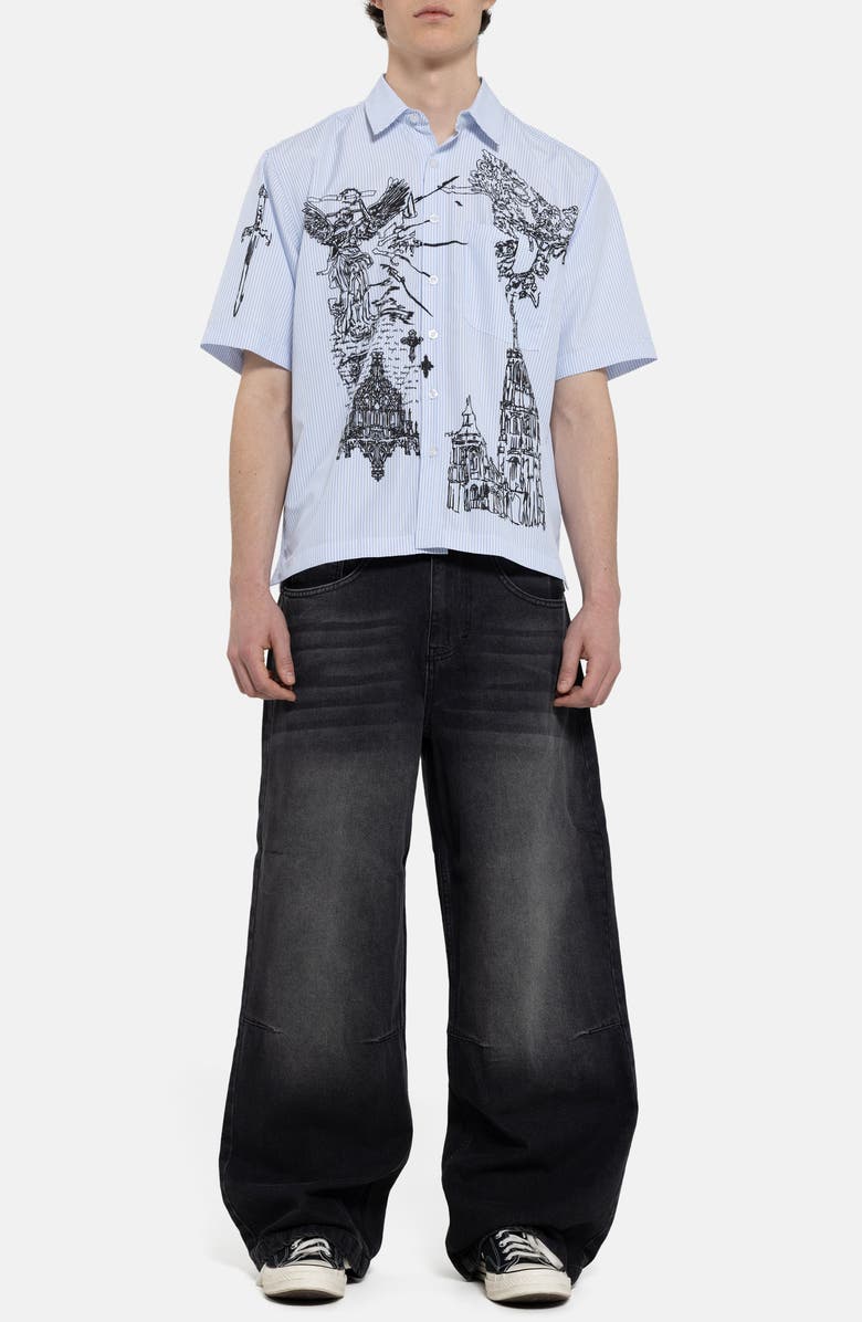 JADED LONDON Pinstripe Sketch Graphic Button-Up Shirt, Alternate, color, Blue