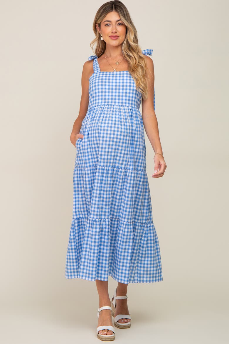 Checkered Sleeveless Tiered Maxi Dress, Alternate, color, Blue