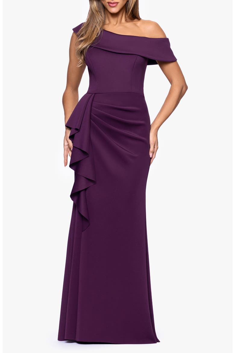 Ruffle One-Shoulder Scuba Knit Gown, Main, color, PLUM