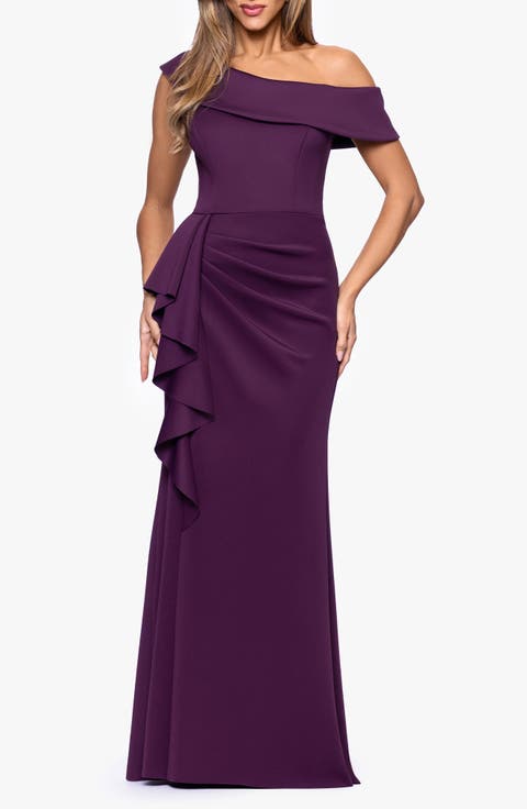 Xscape Evenings Ruffle One-Shoulder Scuba Knit Gown
