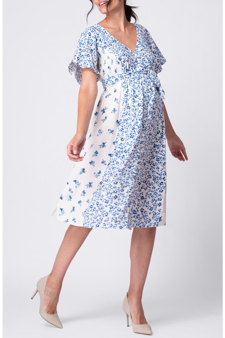 Floral Flutter Sleeve Maternity/Nursing Dress, Alternate, color, BLUE FLORAL