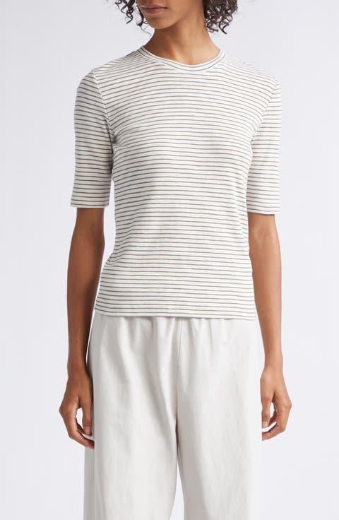 Stripe Elbow Sleeve Cotton Blend Knit Top