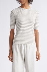 Vince Stripe Elbow Sleeve Cotton Blend Knit Top