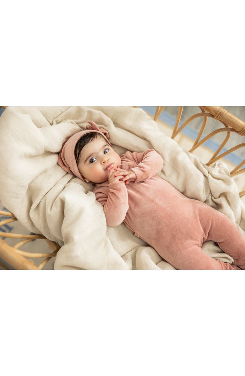 Bebe Bella Bow Stitch Ribbed Velour Romper with Matching Hat, Alternate, color, Rose