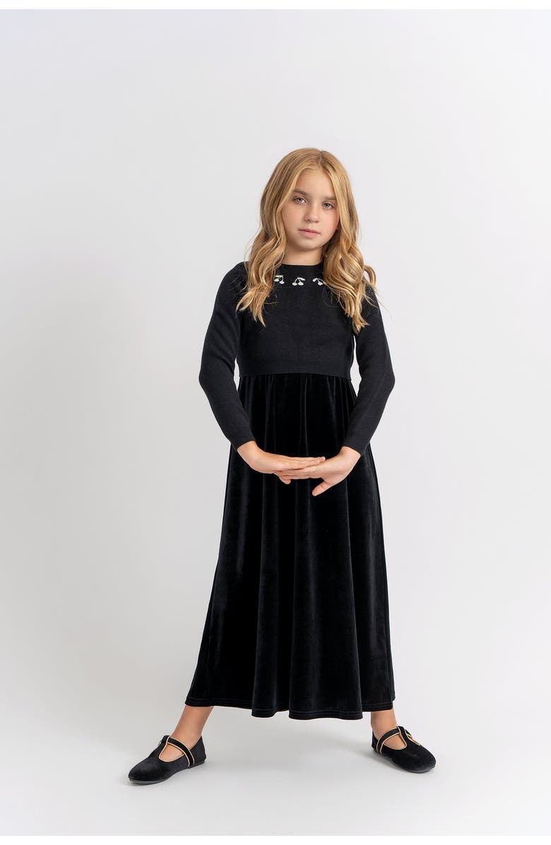 Seal Cherry Slinky Velour Attached Knit Sweater Embroidered Neck Robe, Alternate, color, Black
