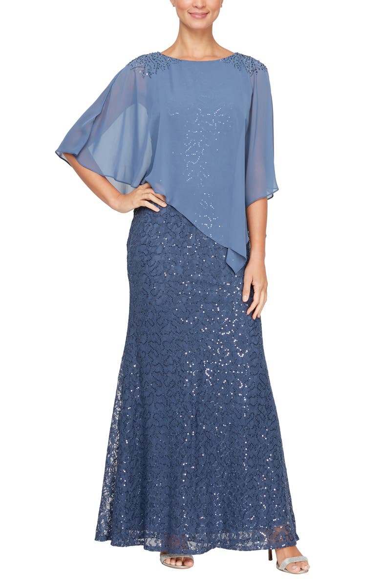 SL FASHIONS Chiffon Popover Sequin Lace Gown, Main, color, 