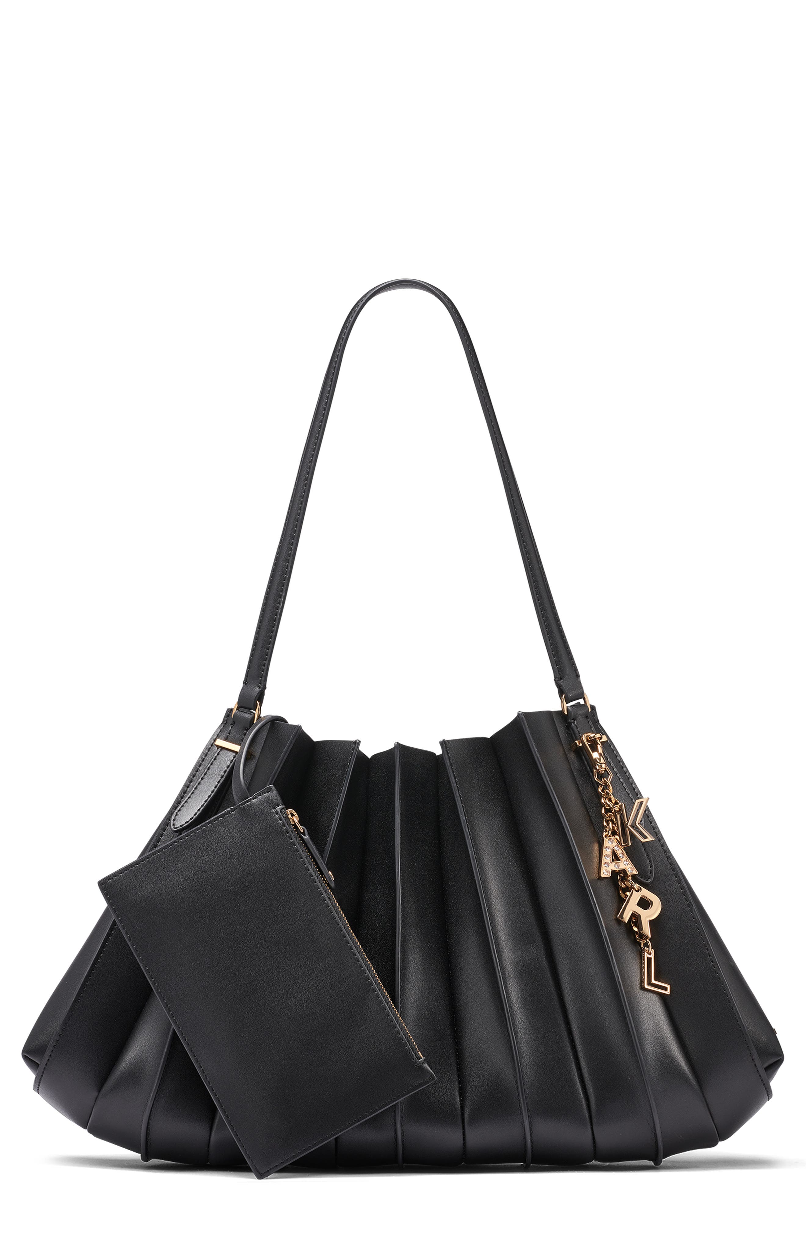 KARL LAGERFELD PARIS Ikon Leather Shoulder Bag, Main, color, Black/ Gold