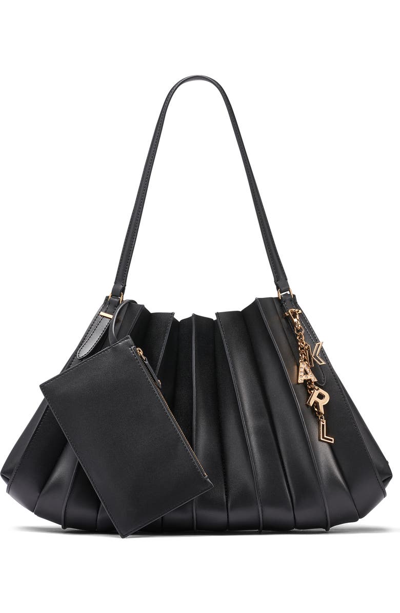 KARL LAGERFELD PARIS Ikon Leather Shoulder Bag, Main, color, Black/ Gold