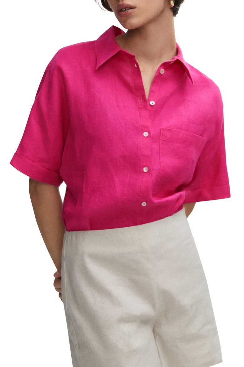 Pocket Linen Short Sleeve Button-Up Shirt, Main, color, FUCHSIA