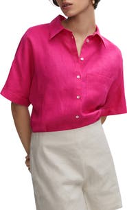 MANGO Pocket Linen Short Sleeve Button-Up Shirt