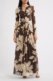 Anne Klein Floral Print Long Sleeve Maxi Dress