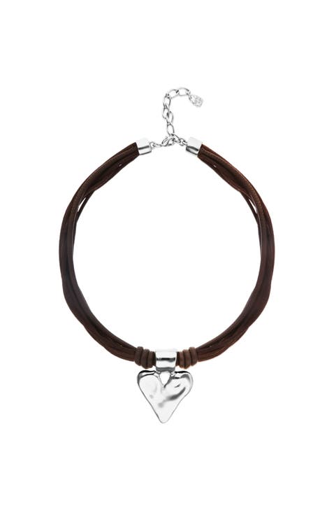 Silk Thread Blend Necklace with Leather and Heart Detail in Sterling Silver