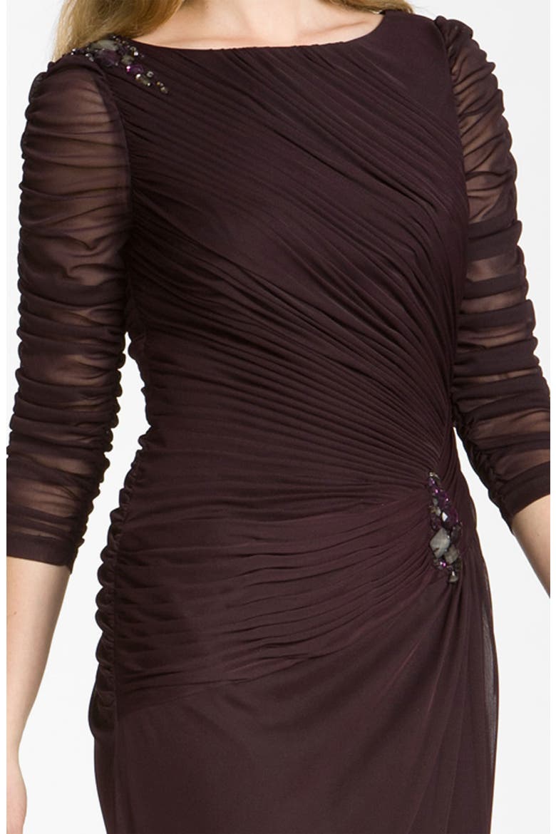 Sheer Sleeve Ruched Mesh Gown, Alternate, color, RAISIN