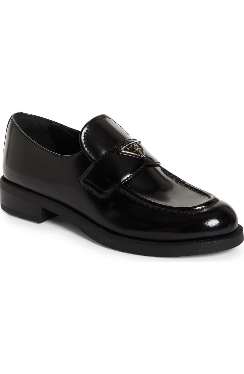 Prada Triangle Logo Patent Leather Loafer, Main, color, Nero