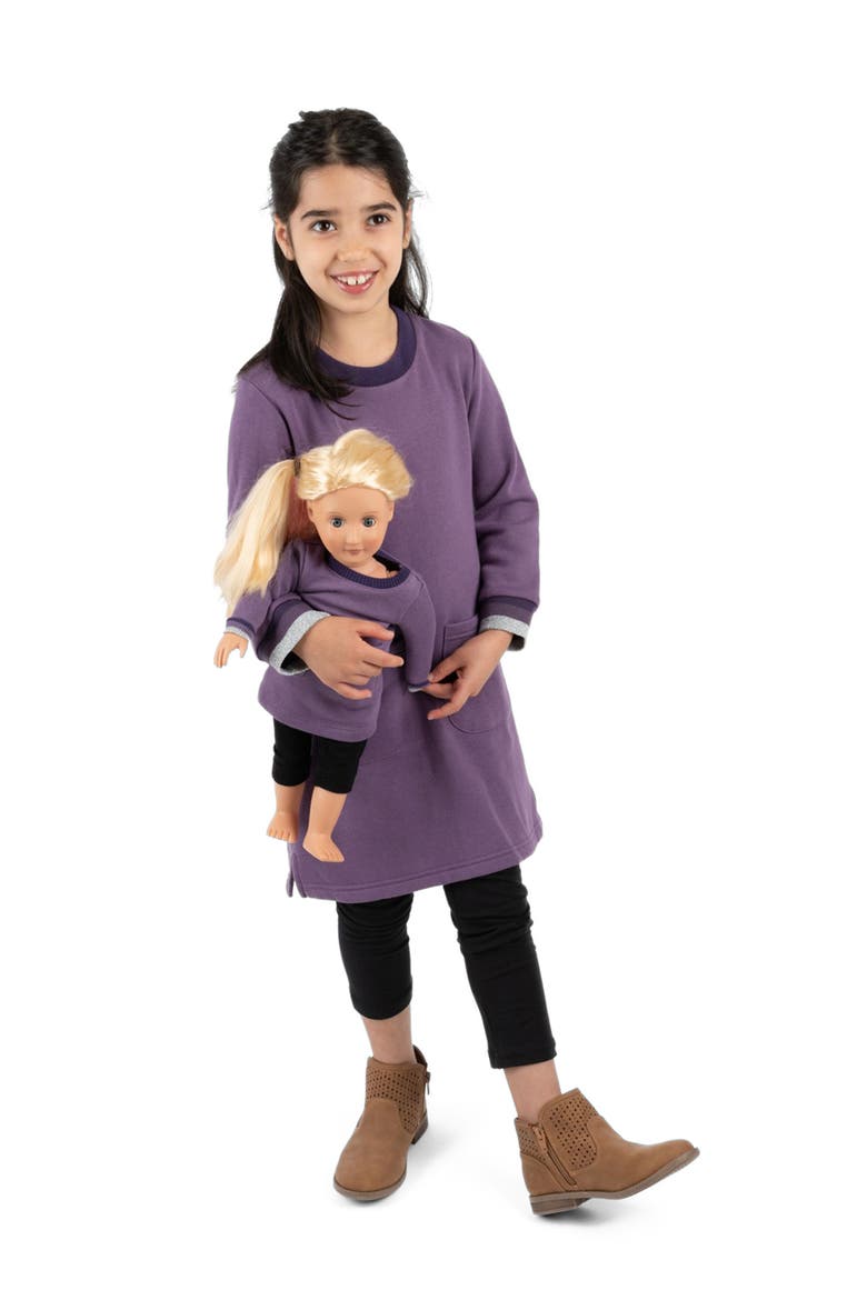 Girls Sweatshirt Dress with Matching Doll Dress, Alternate, color, PURPLE