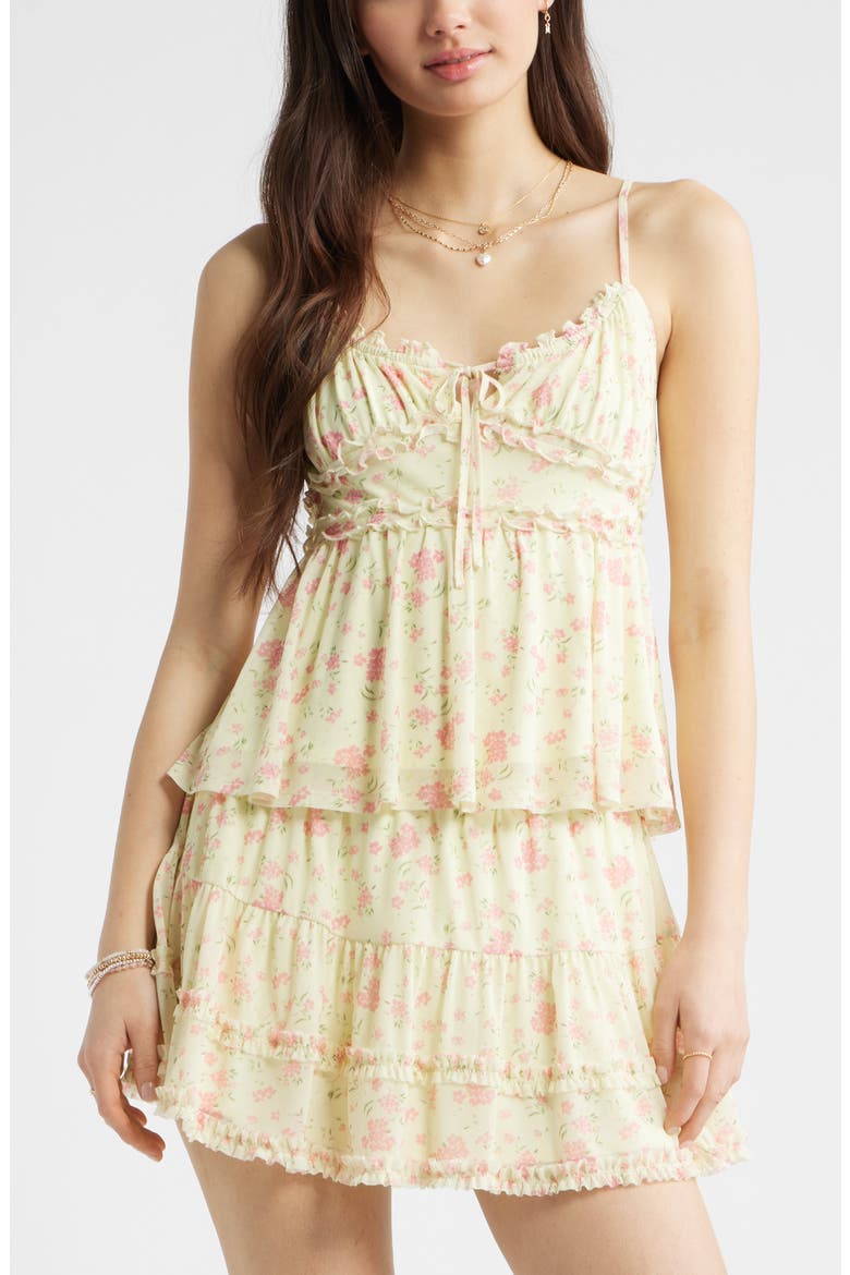 Floral Mesh Ruffle Trim Camisole, Main, color, YELLOW- PINK SHANNON FLORAL