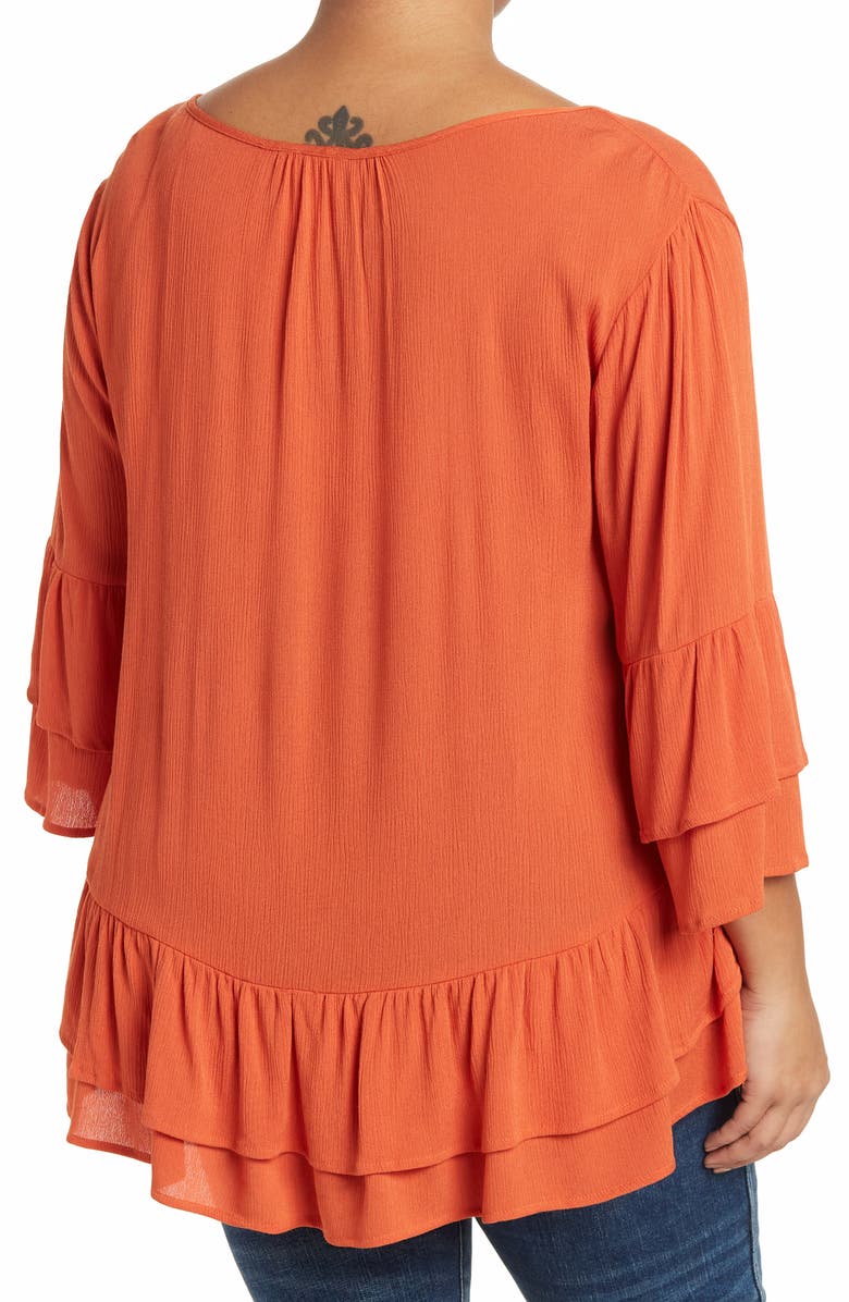 Forgotten Grace Tie Front Ruffle Waist Tunic, Alternate, color, Rust