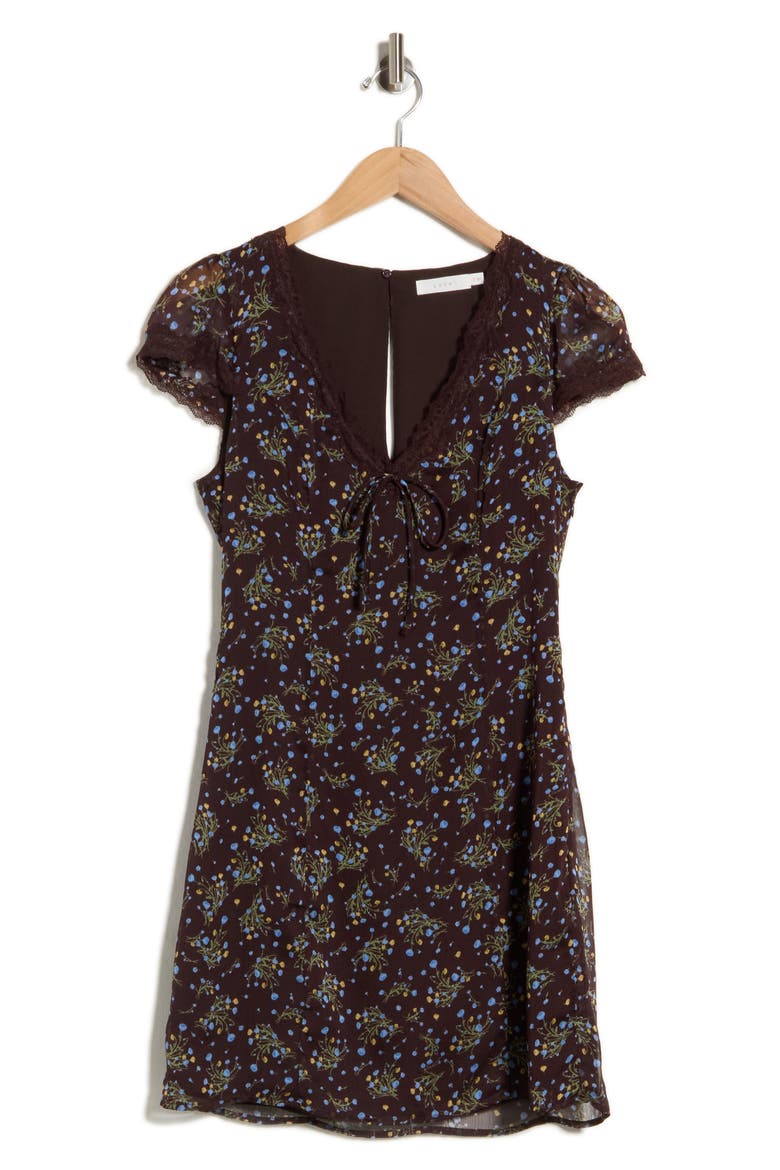Lace Trim Cap Sleeve Minidress, Main, color, BROWN BLUE FLORAL