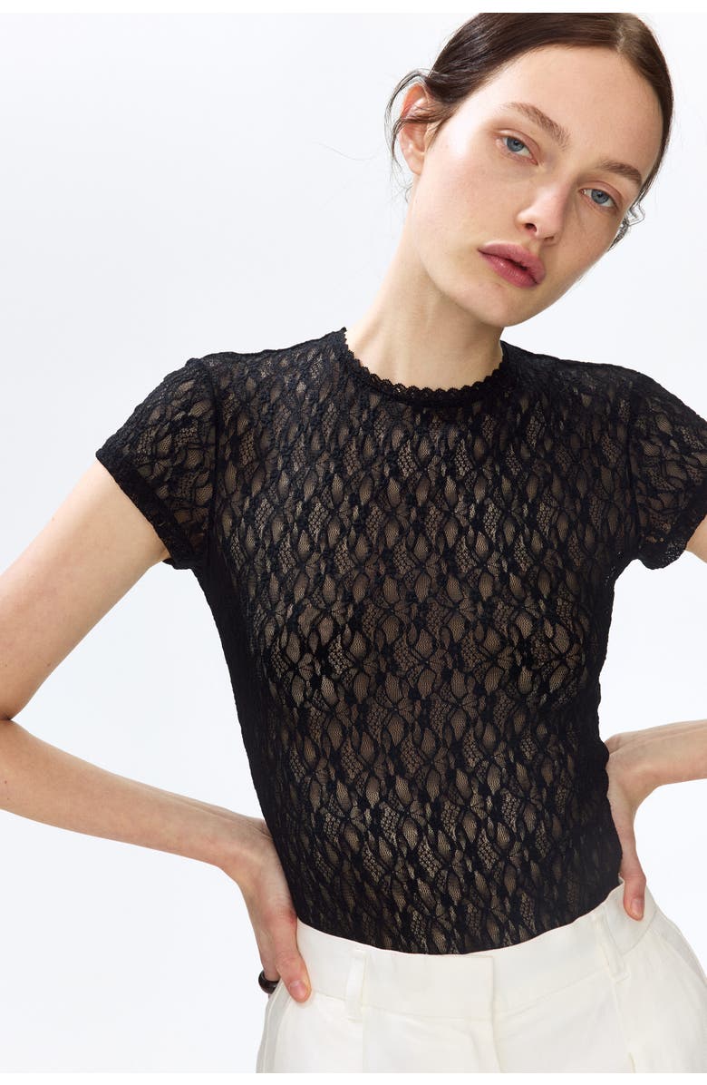 H&M Lace-look jersey thong bodysuit, Alternate, color, Black