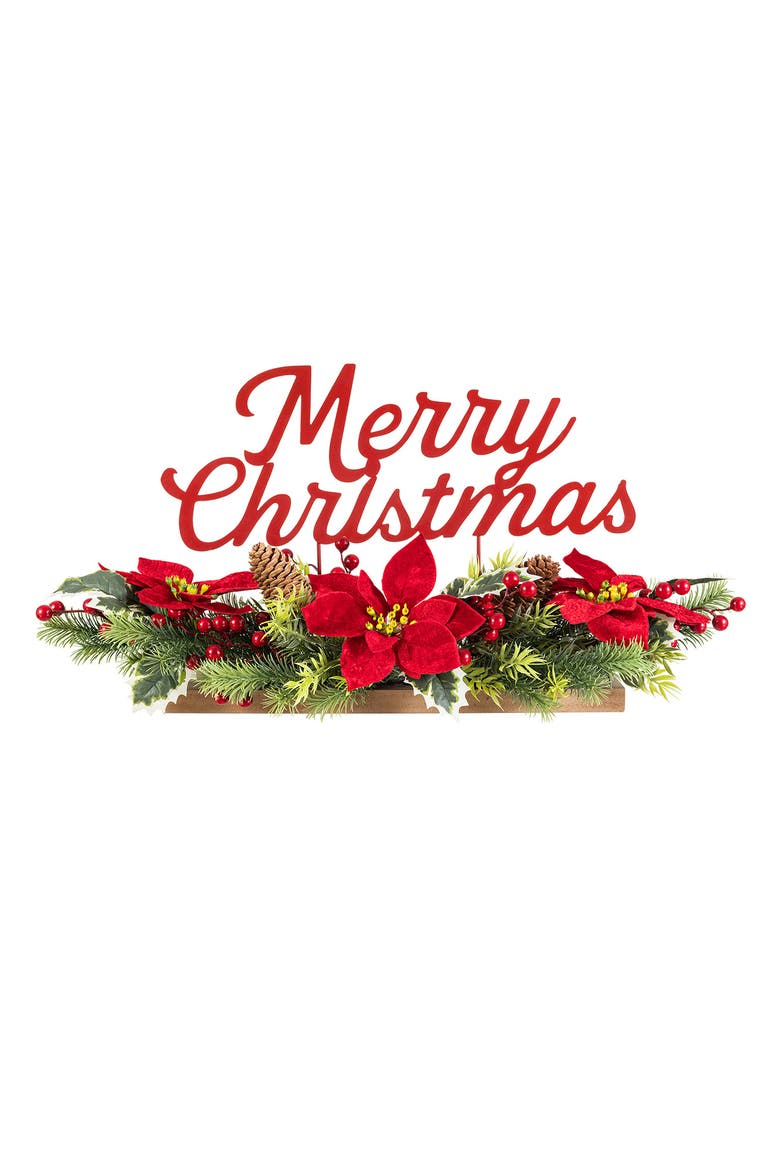 24"L Metal Merry Christmas Poinsettia Table Centerpiece, Main, color, Red