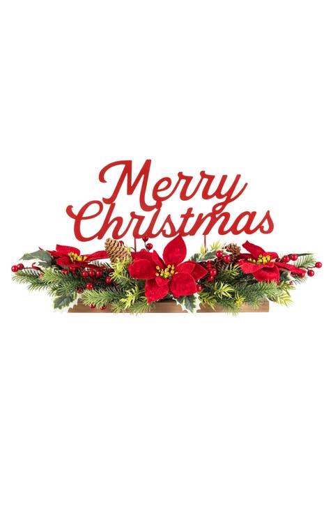 24"L Metal Merry Christmas Poinsettia Table Centerpiece