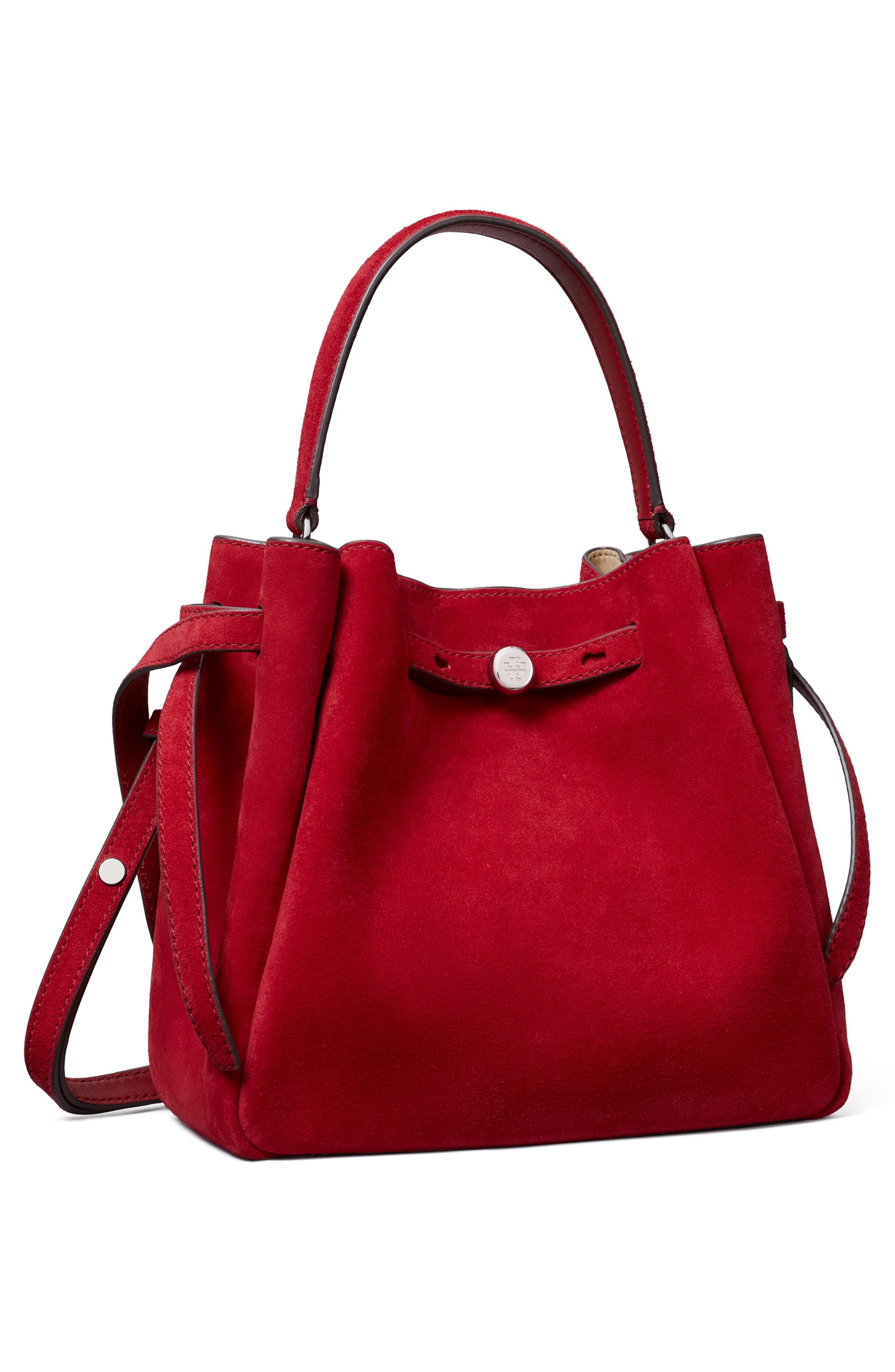 Romy Suede Bucket Bag, Alternate, color, TOUCAN RED