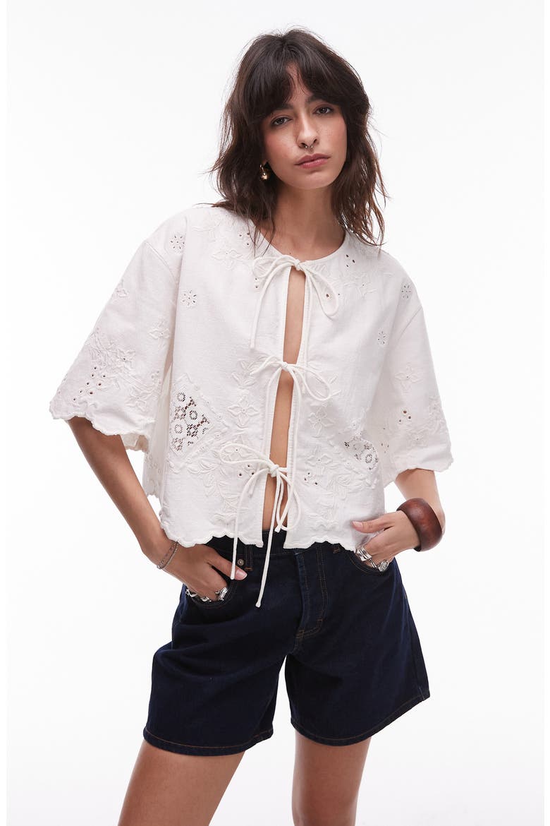 Cutwork Embroidered Eyelet Tie Front Cotton Shirt, Main, color, IVORY