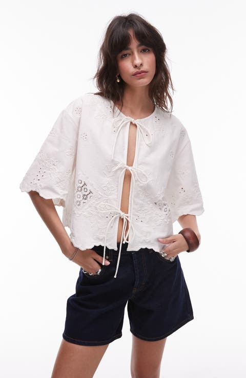 Cutwork Embroidered Eyelet Tie Front Cotton Shirt