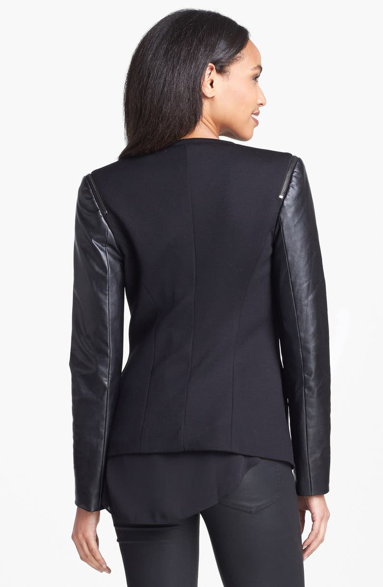 Vince Camuto Collarless Faux Leather Sleeve Jacket, Alternate, color, 