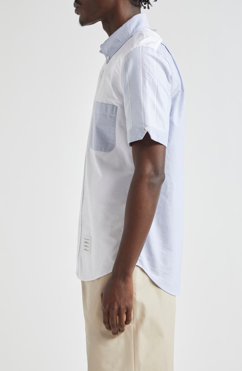 Thom Browne Straight Fit Colorblock Short Sleeve Cotton Button-Down Shirt, Alternate, color, 